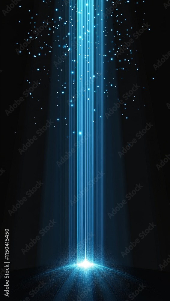 Poster bright blue light beams illuminate a dark space with floating particles, creating a mesmerizing visu