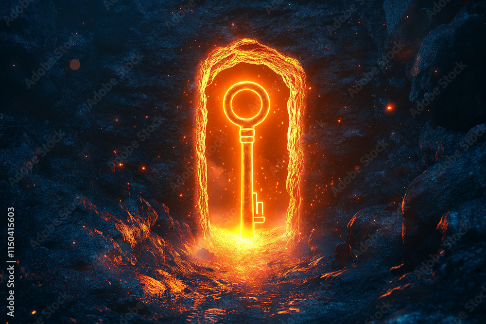 Poster glowing magical key unlocking illuminated gateway to future dreams and opportunities concept