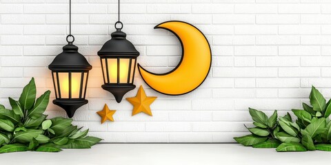 A photostock of a magical garland featuring glowing lanterns, crescent moons, and twinkling lights, arranged elegantly against a white brick wall. High Quality