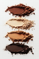 detailed and artistic representation of loose powder makeup swatches in brown and beige tones, designed for light, medium, and dark-skinned women
