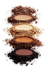 detailed and artistic representation of loose powder makeup swatches in brown and beige tones, designed for light, medium, and dark-skinned women