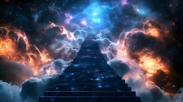 A cosmic staircase made of shimmering light leading upward into an endless glowing void.