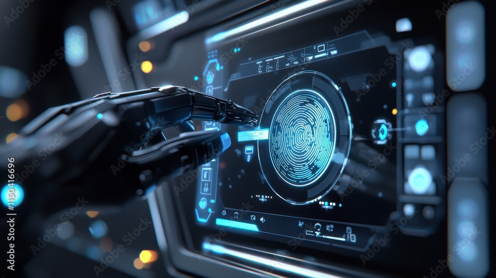 Poster Biometric fingerprint scanning action in futuristic tech lab digital display high-tech environment close-up view