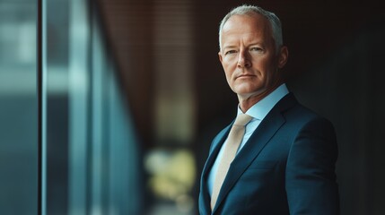 Fototapeta premium Successful mature businessman in formal suit confidently looking at camera, exemplifying leadership and professionalism in the corporate world, with copy space