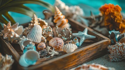 Obraz premium Handcrafted seashell jewelry collection coastal beach artisan craft relaxing ocean environment close-up view nature inspired