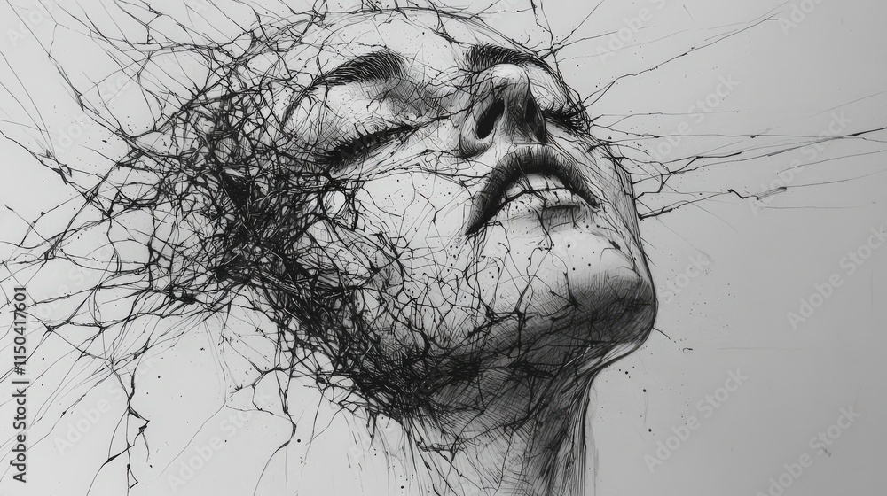 Poster Ink mark transforming into intricate lines abstract art studio monochrome close-up artistic expression