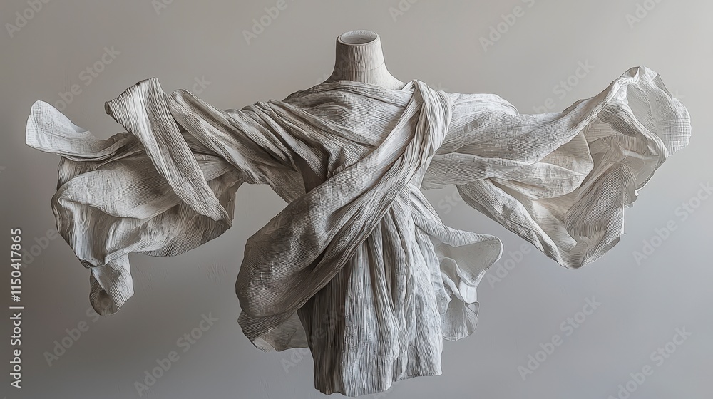 Poster dynamic fashion display garment with creases studio setting textile art minimalist environment eleva