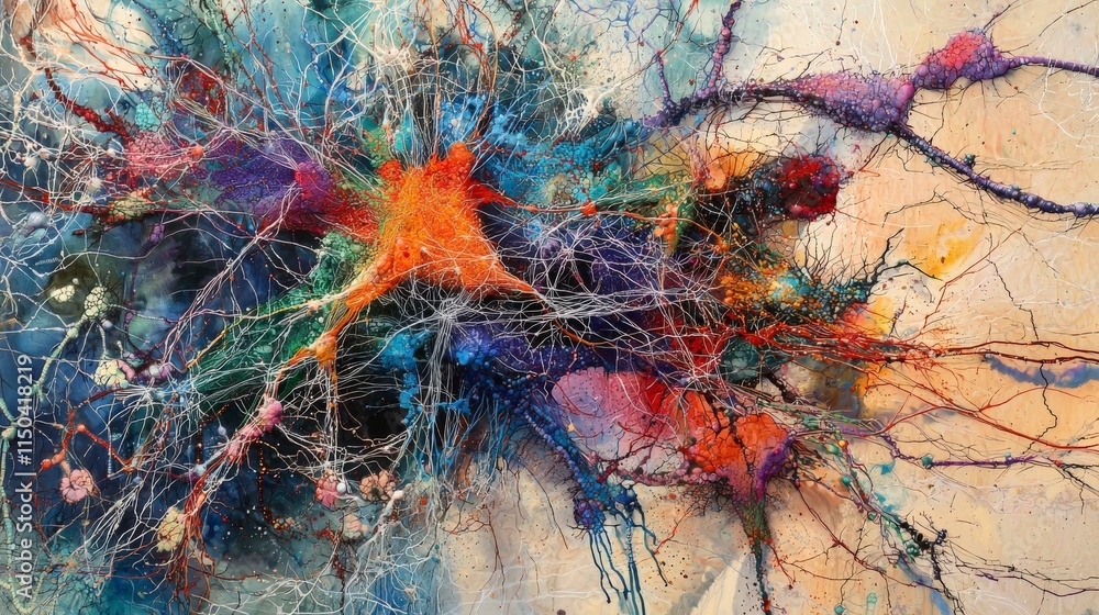 Poster neural pathways explored abstract art exhibit contemporary gallery colorful environment close-up vie