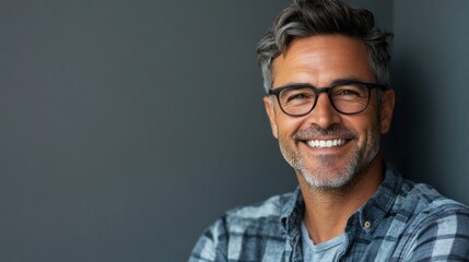 A middle-aged man with glasses smiles confidently against a gray background. His relaxed demeanor and genuine expression convey a sense of joy and welcoming nature.