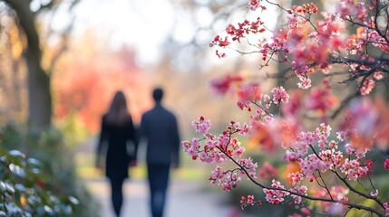 Obraz premium Couple Walking Hand-in-Hand Through Blooming Park in Springtime