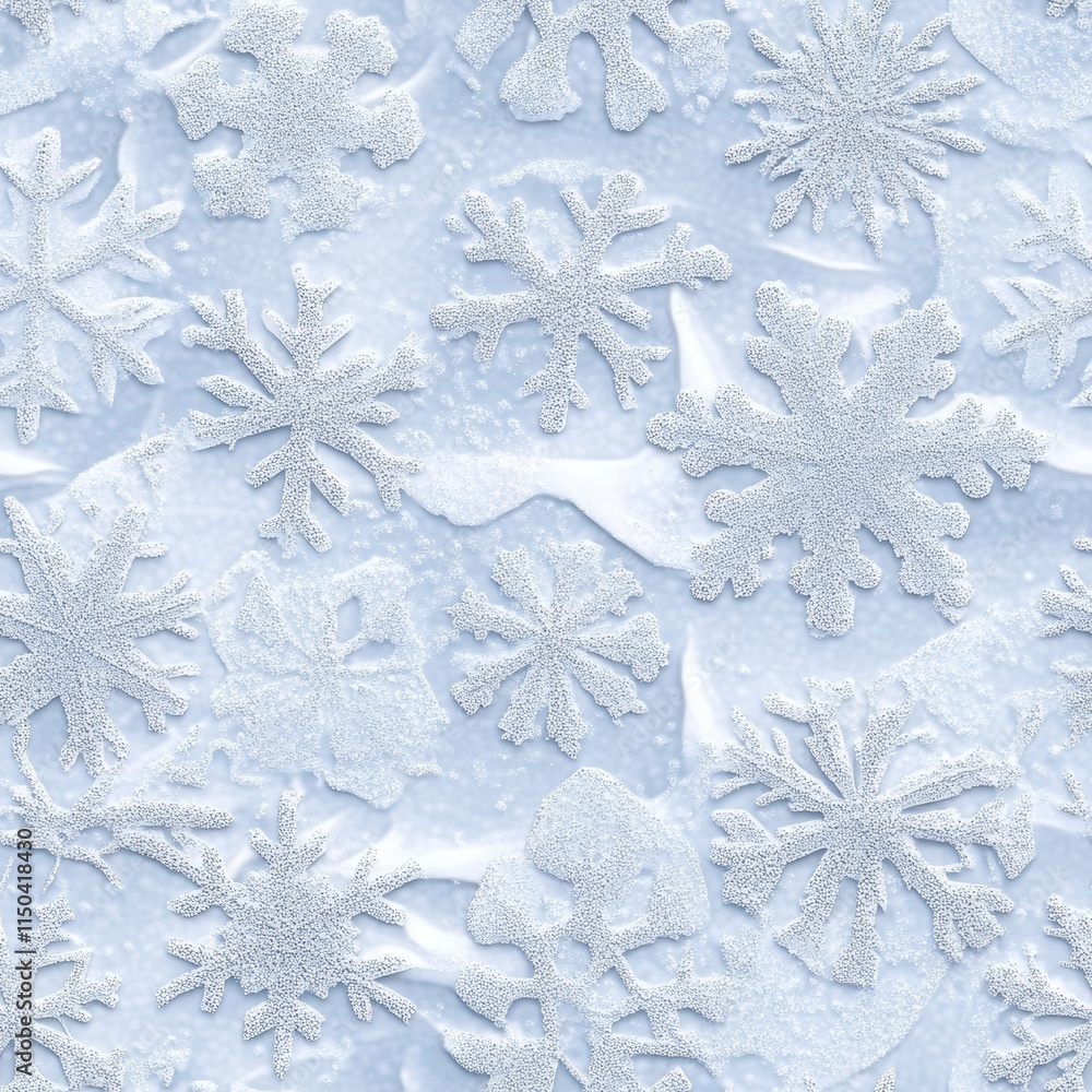 Poster snowflakes of various sizes and shapes create a frosty pattern against a soft blue background, captu