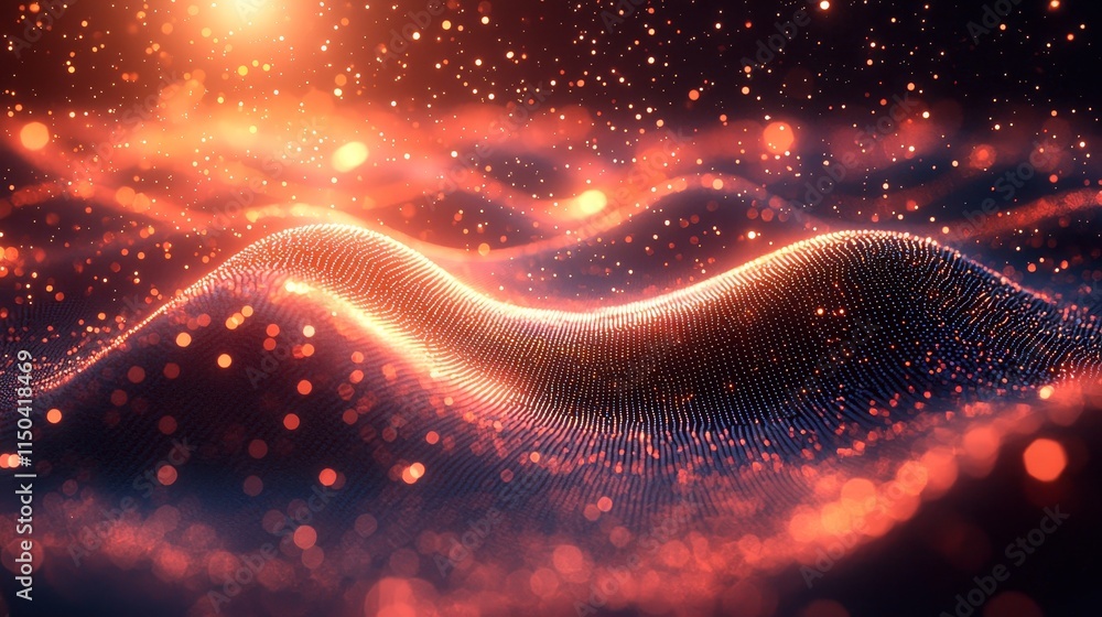 Poster vibrant digital landscape showcasing dynamic waves and sparkling particles in a cosmic evening envir
