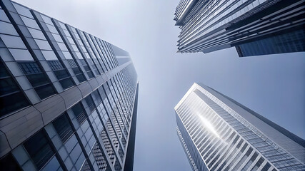 Fototapeta premium Low Angle View of Modern Buildings Towering Urban Architecture Against the Sky, Symbolizing Innovation and City Life