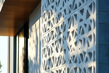 Obraz premium Contemporary home facade with a three-dimensional tessellation pattern in white ceramic tiles, featuring shadow play.