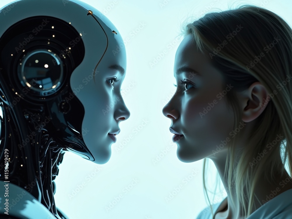 Poster interaction between human and robot in a futuristic setting showcasing advanced technology and human