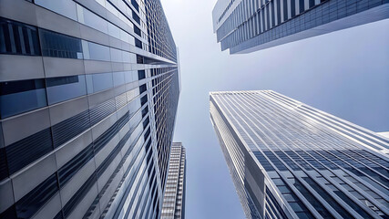 Fototapeta premium Low Angle View of Modern Buildings Towering Urban Architecture Against the Sky, Symbolizing Innovation and City Life