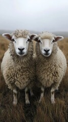 Fototapeta premium Twin sheep stand closely together on a foggy meadow in the countryside