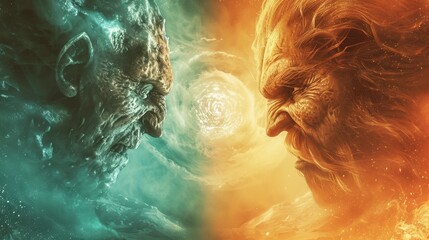 Obraz premium Ice vs fire in abstract art, a striking vs flowing design of cold water vs hot flame with a light vs dark contrast and a nature-inspired motion.