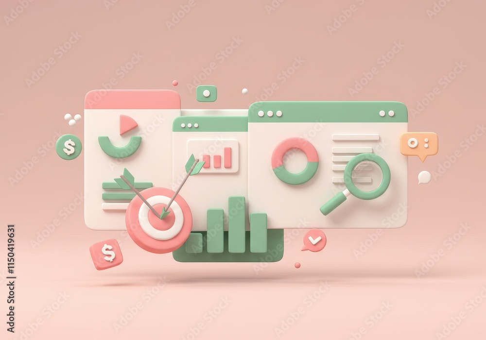 Poster a 3d illustration of a data dashboard concept including bar charts, a target with an arrow, graphs a