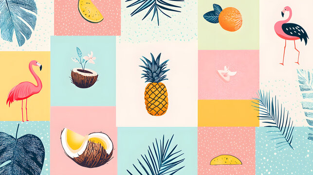 A playful tropical patchwork pattern featuring cartoonish pineapples coconuts and flamingos on bright pastel panels.