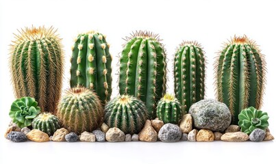 Cactus and Succulents with Rocks on White
