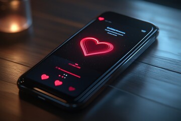 Smartphone displaying glowing heart, romantic mobile application, Valentine's Day digital love concept