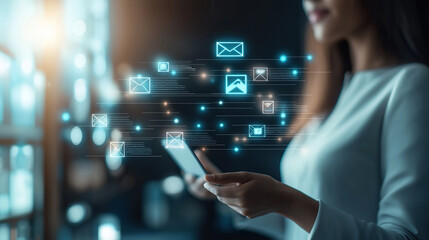 woman holding tablet with icons