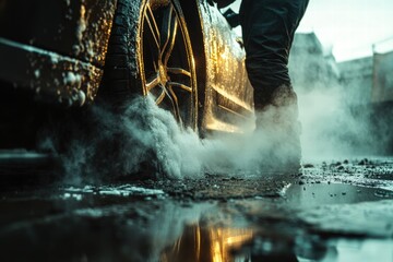 Obraz premium person meticulously cleaning a car's brake and gas pedals using a high-powered steam cleaner