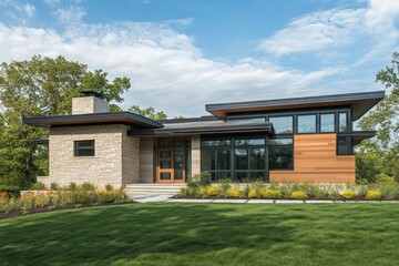 Fototapeta premium Contemporary home front elevation featuring a flat roof, clean lines, and a combination of wood and stone materials.