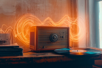 
A retro postcard featuring a classic wooden radio surrounded by glowing sound waves, set on a desk...