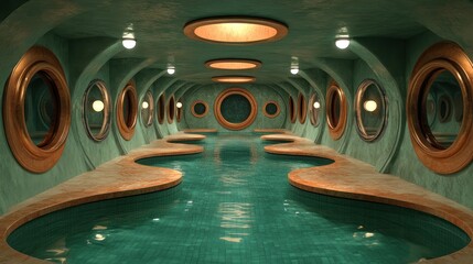 A serene, turquoise indoor pool area with rounded windows and smooth, flowing architecture.