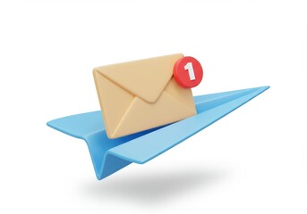 A 3D illustration of an email notification concept featuring an envelope on a blue paper plane with a red notification badge