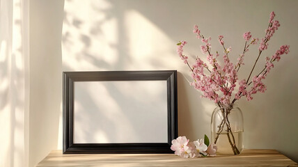 Realistic photograph of a home office interior for bloggers, featuring white daffodils in a vase and office supplies on a light background.

