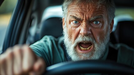 Angry senior man driving a car.