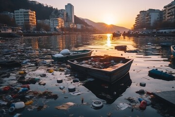 Heavily contaminated urban river filled with plastic waste, tires, and household debris