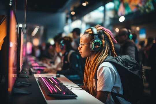 African American girl are playing computer games in a gaming salon. computer addiction problems