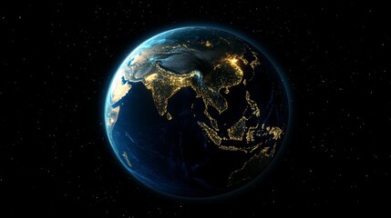 Fototapeta premium View of Earth at Night Showcasing Vibrant City Lights Across Asia and Surrounding Regions From a High-Altitude Perspective in Space