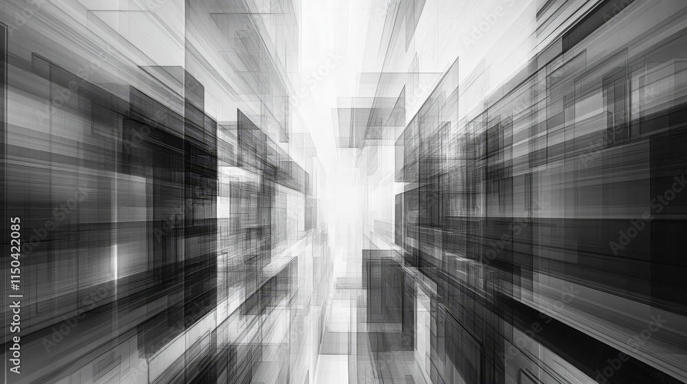 Poster abstract monochrome composition conveying depth and movement through intersecting geometric shapes i