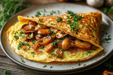 omelette filled with vibrant fried chanterelle mushrooms, garnished with fresh herbs