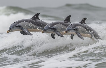 Obraz premium Dolphins gracefully leaping over ocean waves in a lively display of agility and playfulness