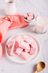 Dehydrated yogurt with fruit additives on a plate on a table vertical view