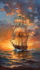 Obraz premium An elegant sailing ship gliding across the ocean at sunset, capturing a serene journey