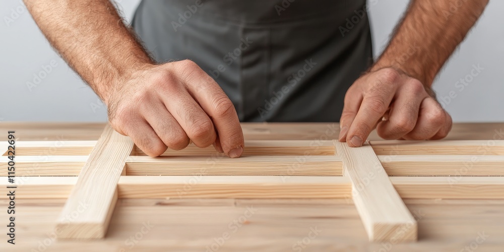 Poster knowledge expertise process concept. hands assembling wooden pieces on a workbench with focus on cra