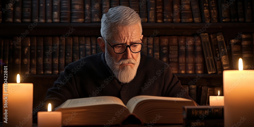 Poster knowledge expertise process concept. an elderly man reads a large book surrounded by candles in a di