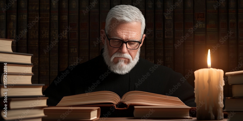 Poster knowledge expertise process concept. a thoughtful man reads an ancient book by candlelight, surround