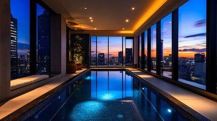 A private pool room with sleek tiles shimmering water reflecting ambient lighting and large windows displaying the city skyline.