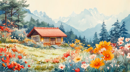 Fototapeta premium Charming mountain cottage surrounded by vibrant wildflowers in a peaceful natural setting watercolor illustration