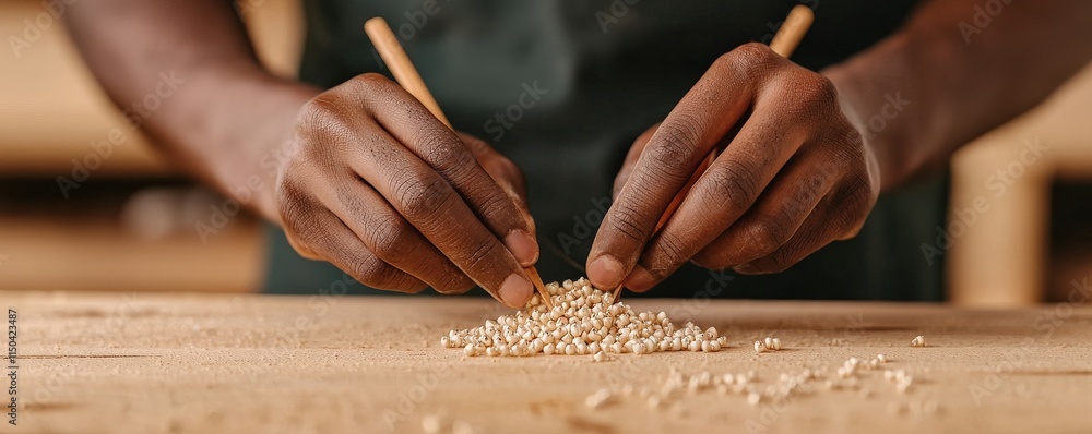 Poster knowledge expertise process concept. hands skillfully working with wood shavings on a crafting surfa