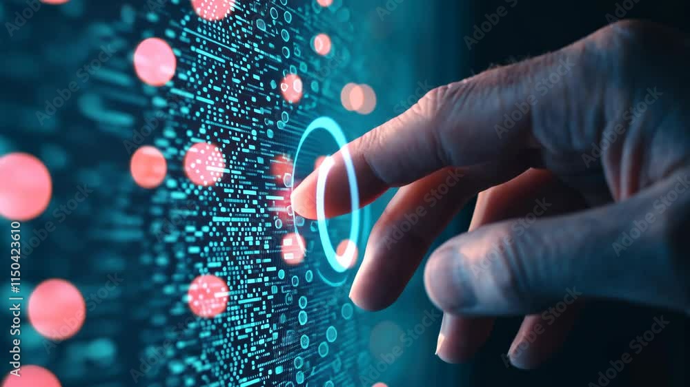 Aufkleber hand interacting with digital data stream in futuristic technology environment