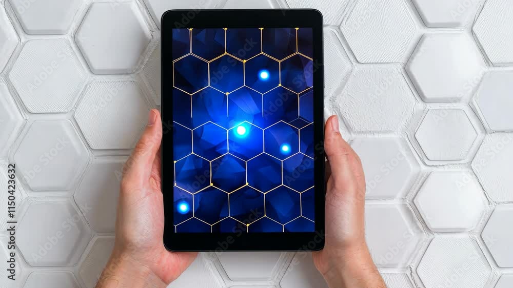 Poster hands holding tablet with abstract blue hexagonal background design